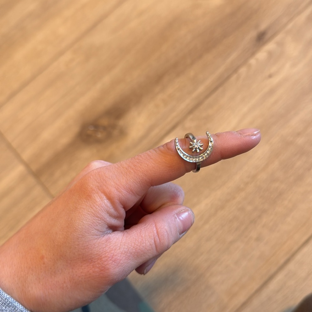 Moon & Star Silver Gem Rhinestone Adjustable Fashion Ring